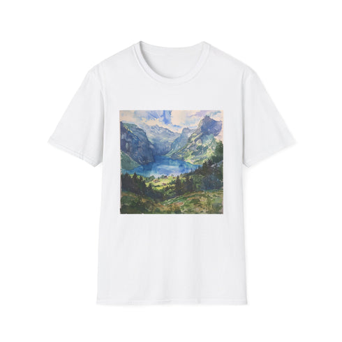 Charcoal cotton t-shirt with Swiss Alps watercolor peaks for nature enthusiasts