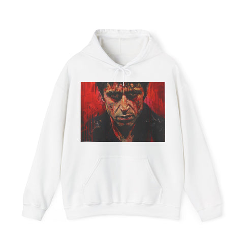 Artistic navy unisex canvas hoodie with Scarface painting design.