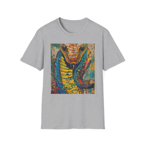 Charcoal cotton t-shirt featuring vivid majestic cobra design with intricate details