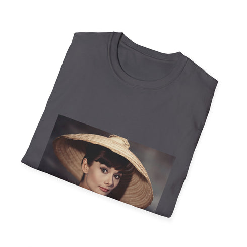 Charcoal cotton tee with Audrey Hepburn vintage-inspired graphic and crew neck