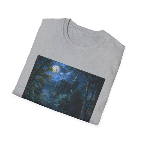Charcoal cotton T-shirt with moonlit castle graphic evokes enchanting summer style