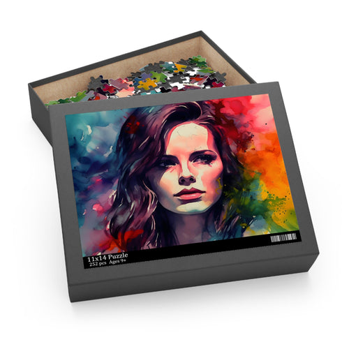 Kate Beckinsale watercolor neon jigsaw puzzle for art enthusiasts.