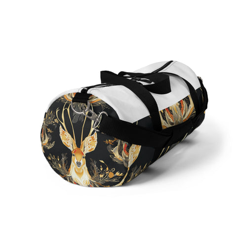 Jackalope pattern duffel bag, whimsical mythical creature design, small size.