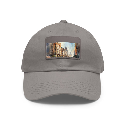 Melbourne skyline snapback cap, white with light brown patch, rectangle shape