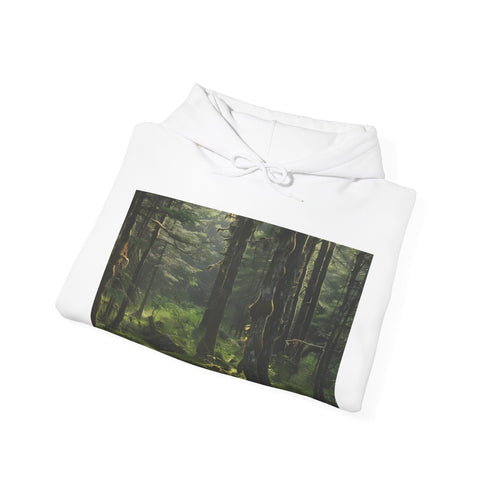 "Navy unisex hoodie with serene Alaskan wilderness illustration"