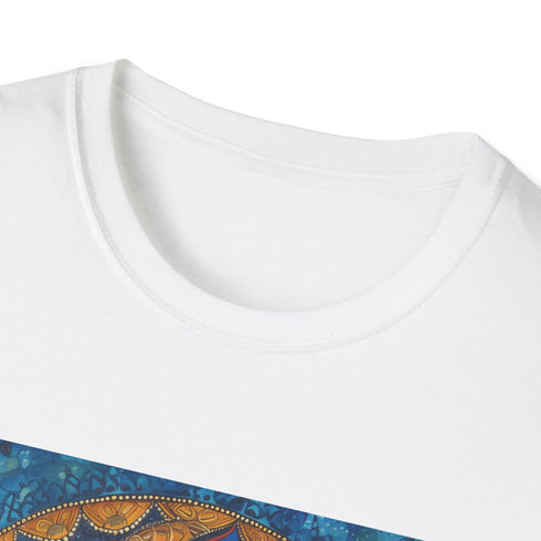 Charcoal crew neck t-shirt with cosmic mandala sun and moon design