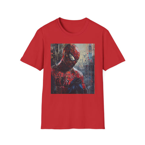 Charcoal crew neck cotton T-shirt featuring vibrant Spider-Man portrait