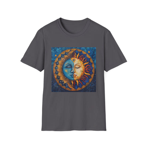 Charcoal cotton t-shirt featuring intricate mandala sun and moon graphic design