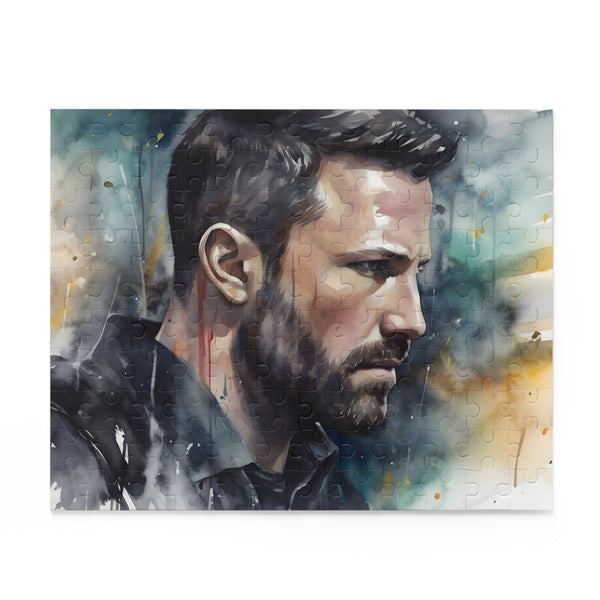 Vibrant watercolor Batman puzzle features Ben Affleck portrait, perfect for fans.