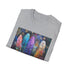 Charcoal bohemian feather cotton t-shirt with vibrant carefree design