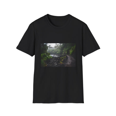 Charcoal cotton crew neck T-shirt evokes tropical paradise with aloha spirit