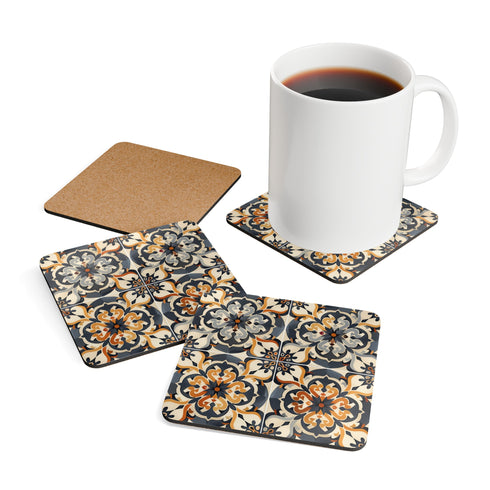 Square corkwood coaster set with artisan tiles in seamless pattern.