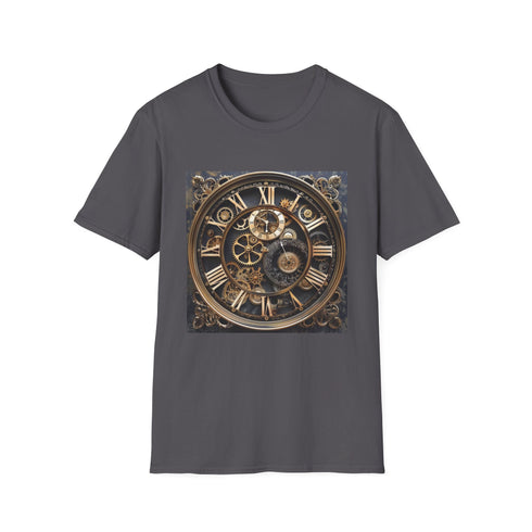 Steampunk themed charcoal t-shirt with intricate clockwork design.