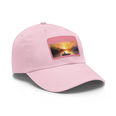 Unisex white cotton cap with sunset design.