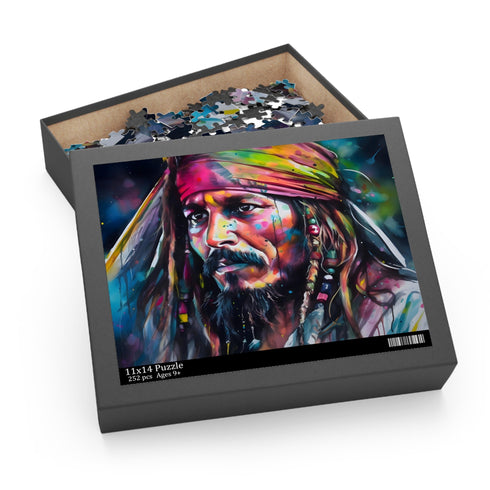 Vibrant neon Jack Sparrow jigsaw puzzle with whimsical watercolor hues.