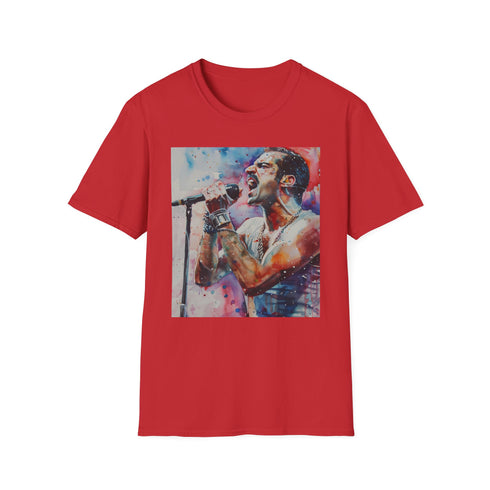 Watercolor Freddie Mercury tribute tee, charcoal color, regular fit, crew neck.