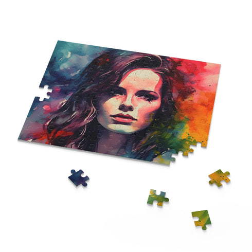 Kate Beckinsale neon watercolor puzzle for fans and art enthusiasts.
