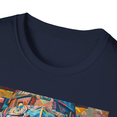 Charcoal cotton T-shirt featuring vibrant neon tribal mask design