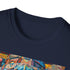Charcoal cotton T-shirt featuring vibrant neon tribal mask design