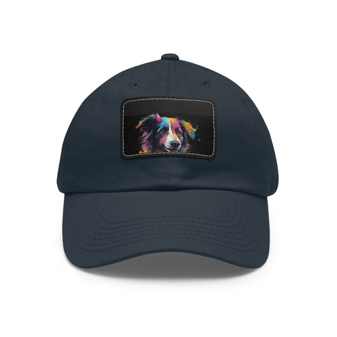 Collie charm white baseball cap with light brown rectangle patch.