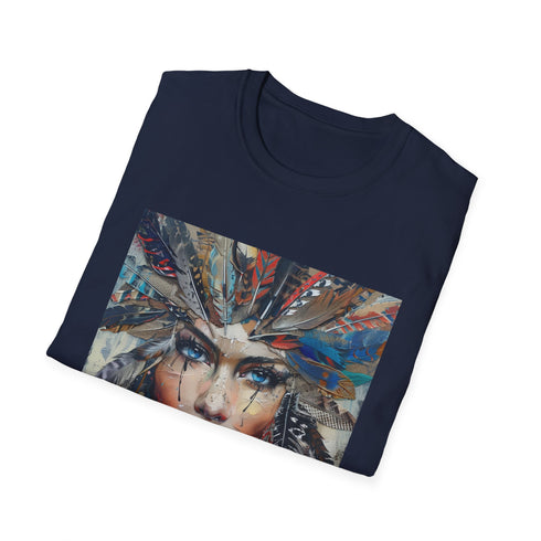 Charcoal t-shirt with vibrant bohemian feather design crew neck cotton fabric