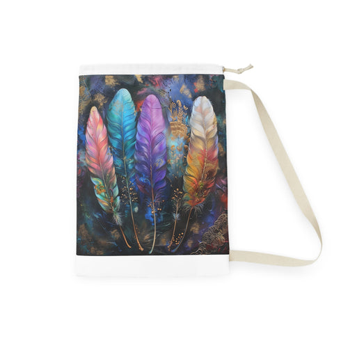 Bohemian feather laundry bag with unique all-over print design.