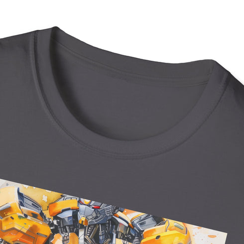 Charcoal crew neck T-shirt featuring vibrant Bumblebee design for Transformers fans