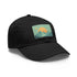 Minimalist white baseball cap with light brown mountain landscape patch.