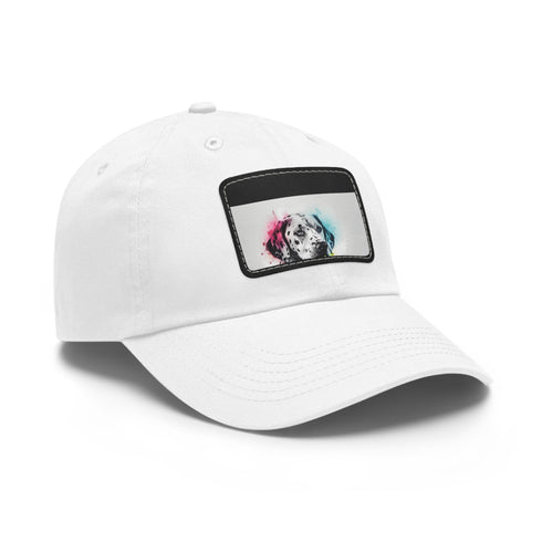 White baseball cap with cute dalmatian graphic and rectangle patch.