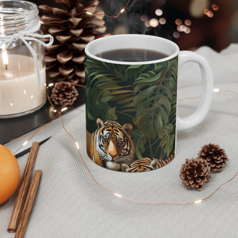 Tiger Jungle Safari ceramic coffee mug with fierce tiger pattern.