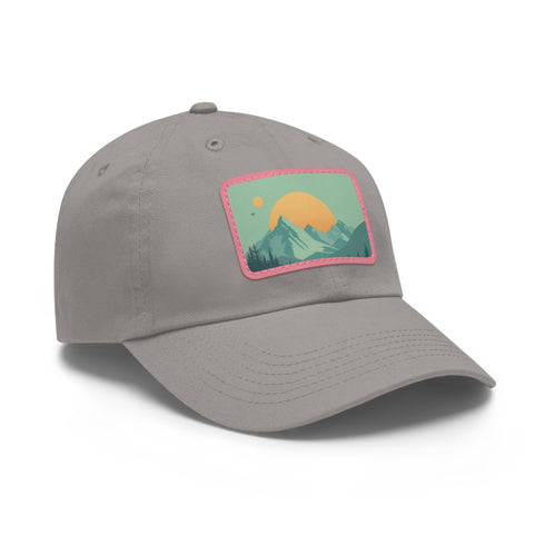 Minimalist mountain landscape baseball cap in white with light brown patch.