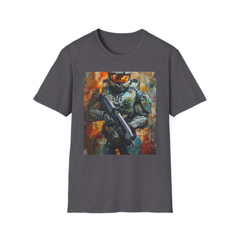 Charcoal cotton tee featuring Master Chief portrait in vibrant colors.