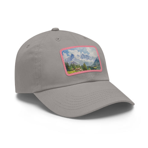 Swiss Alps watercolor cap in white with light brown rectangle patch.