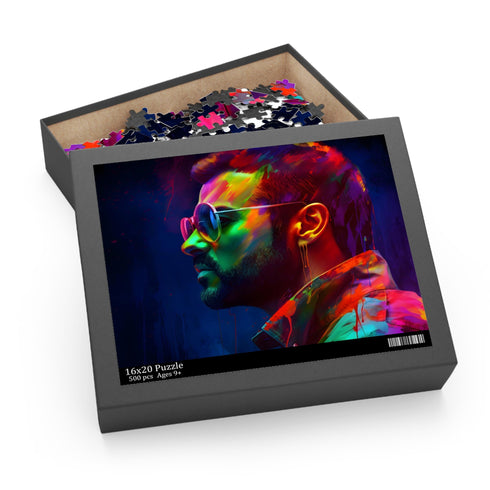 Vibrant George Michael tribute jigsaw puzzle with watercolor neon colors.