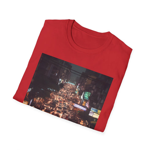Charcoal cotton neon graphic T-shirt capturing vibrant urban nightlife feel