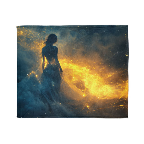 Dream Weaver Creating World from Light — Plush Fleece Throw Blanket — Draped Over Sofa & Bed Lifestyle View