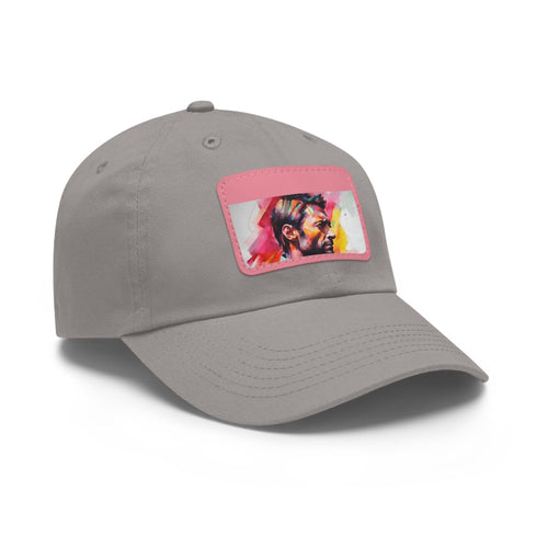 Watercolor neon baseball cap with Hugh Jackman design, white/light brown patch.