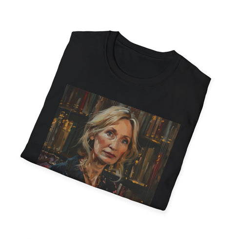 Charcoal cotton T-shirt with vibrant J.K. Rowling portrait design