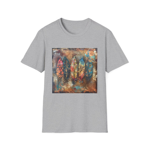 Bohemian charcoal t-shirt with vibrant feather symphony design in soft cotton