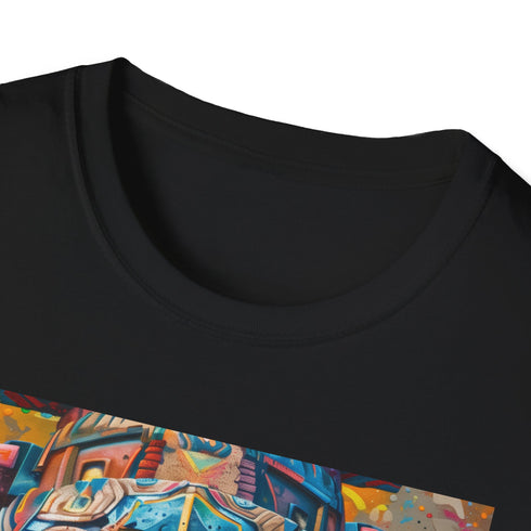 Charcoal T-shirt featuring vibrant neon tribal mask painting in regular fit