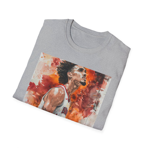 Charcoal crew neck t-shirt with watercolor portrait of Trae Young