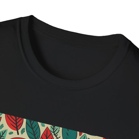 Charcoal cotton T-shirt with grunge textured autumn leaf patterns in warm hues