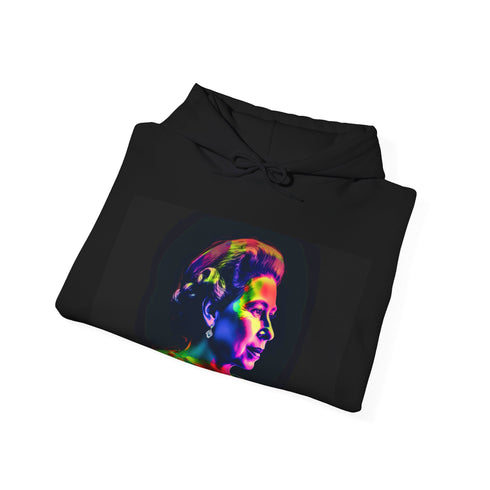 Young Queen Elizabeth Majesty Hoodie in Navy, size S, unisex regular fit.