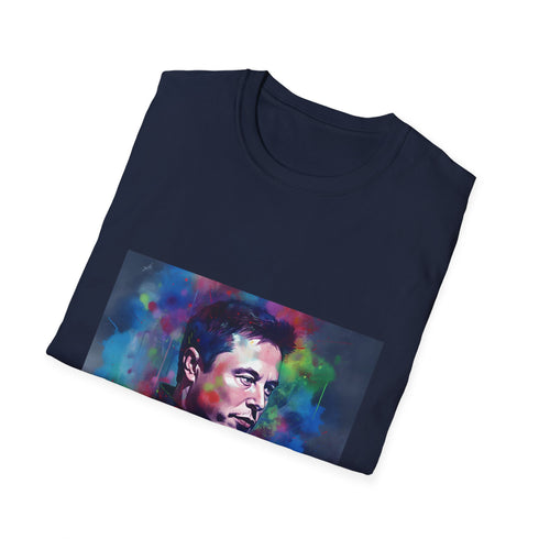 Charcoal cotton crew neck T-shirt with vibrant watercolor neon Elon Musk design