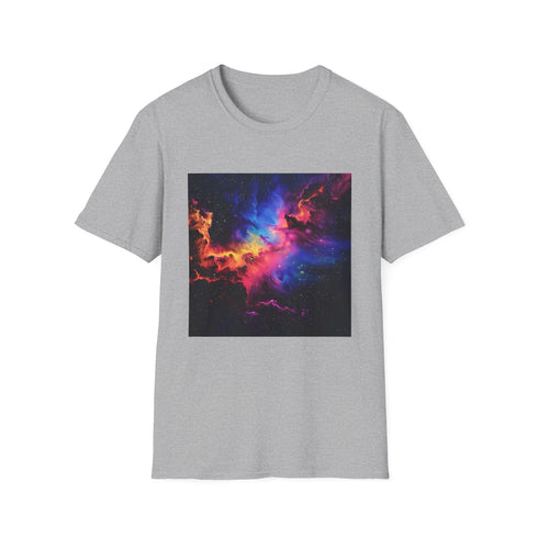 Charcoal Lost in Space t-shirt with vibrant neon galaxy design