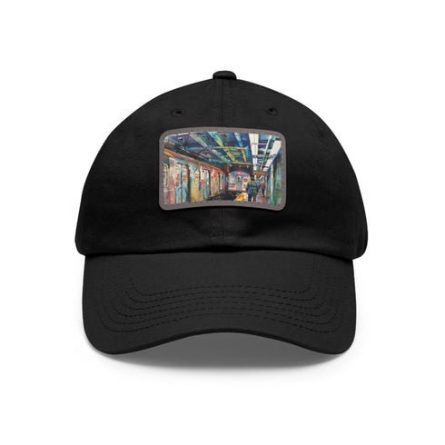 New York subway watercolor snapback cap in white with light brown patch.