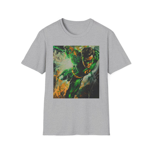Charcoal crew neck cotton T-shirt with vibrant Green Lantern portrait design