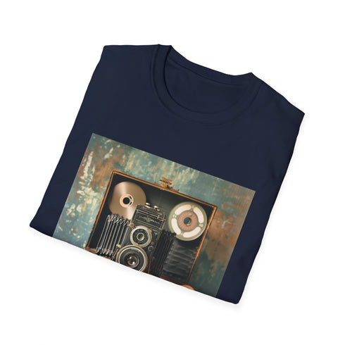 Charcoal vintage camera t-shirt for summer adventures with breathable cotton fabric