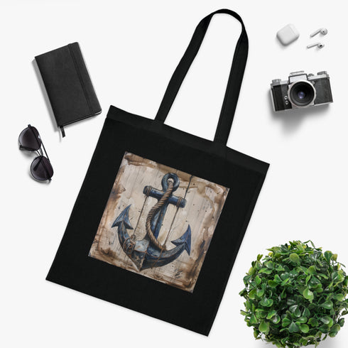 Harbor Hoist Tote Bag in Black Cotton Anchor Design