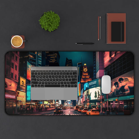Nighttime Times Square Desk Mat with vibrant urban photograph.